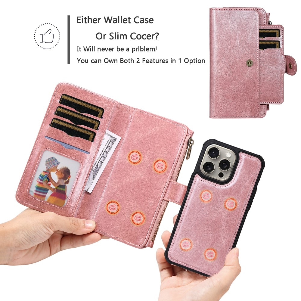 Magnet Leather Multi-Wallet iPhone 15 Pro Max vaaleanpunainen