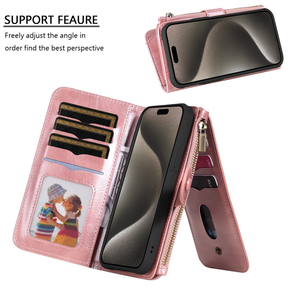 Magnet Leather Multi-Wallet iPhone 15 Pro Max vaaleanpunainen