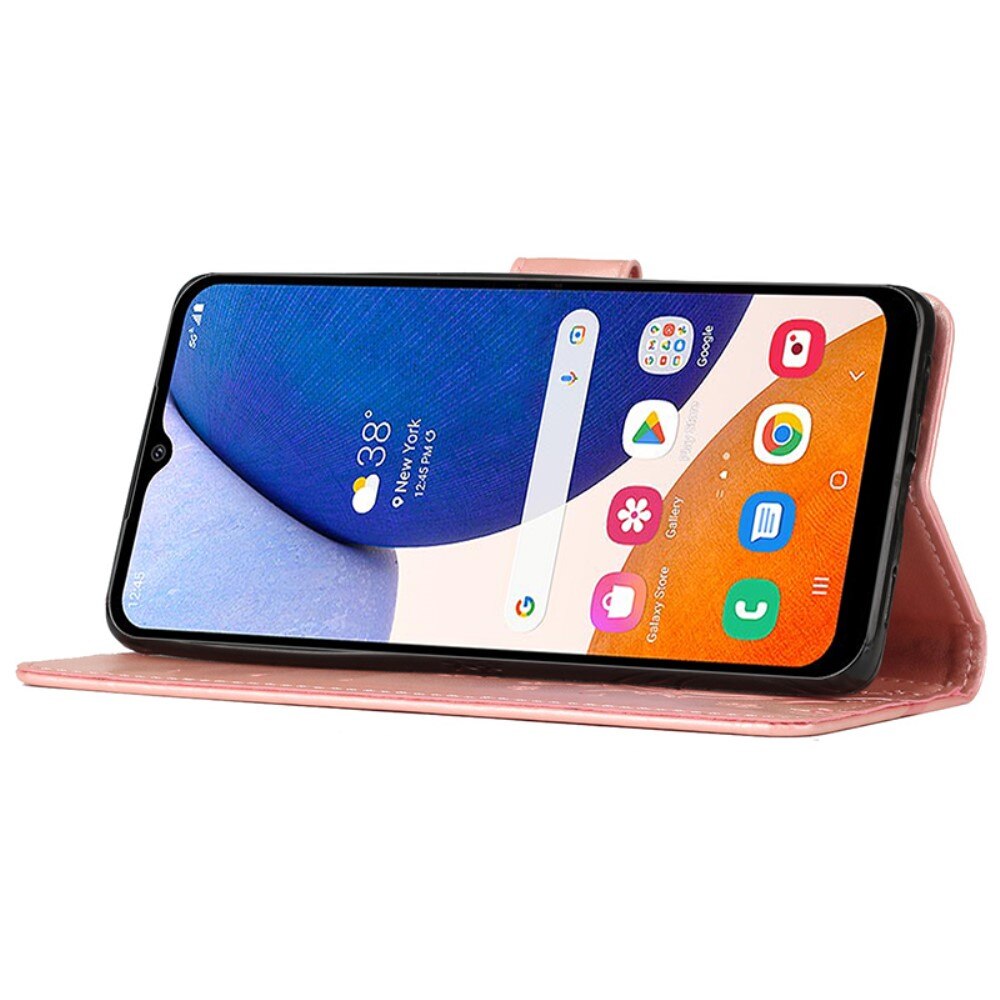 Nahkakotelo Perhonen Samsung Galaxy A15 vaaleanpunainen kulta