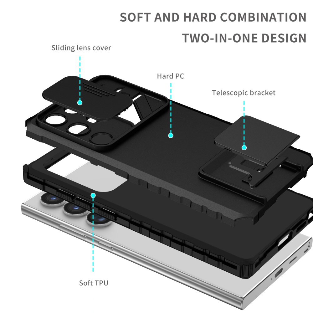 Samsung Galaxy S24 Ultra Kickstand Kotelo Kamerasuojalla musta