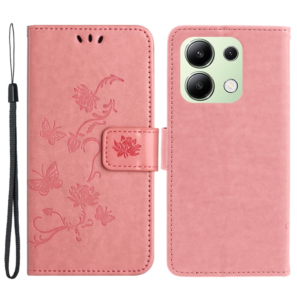 Nahkakotelo Perhonen Xiaomi Redmi Note 13 4G vaaleanpunainen