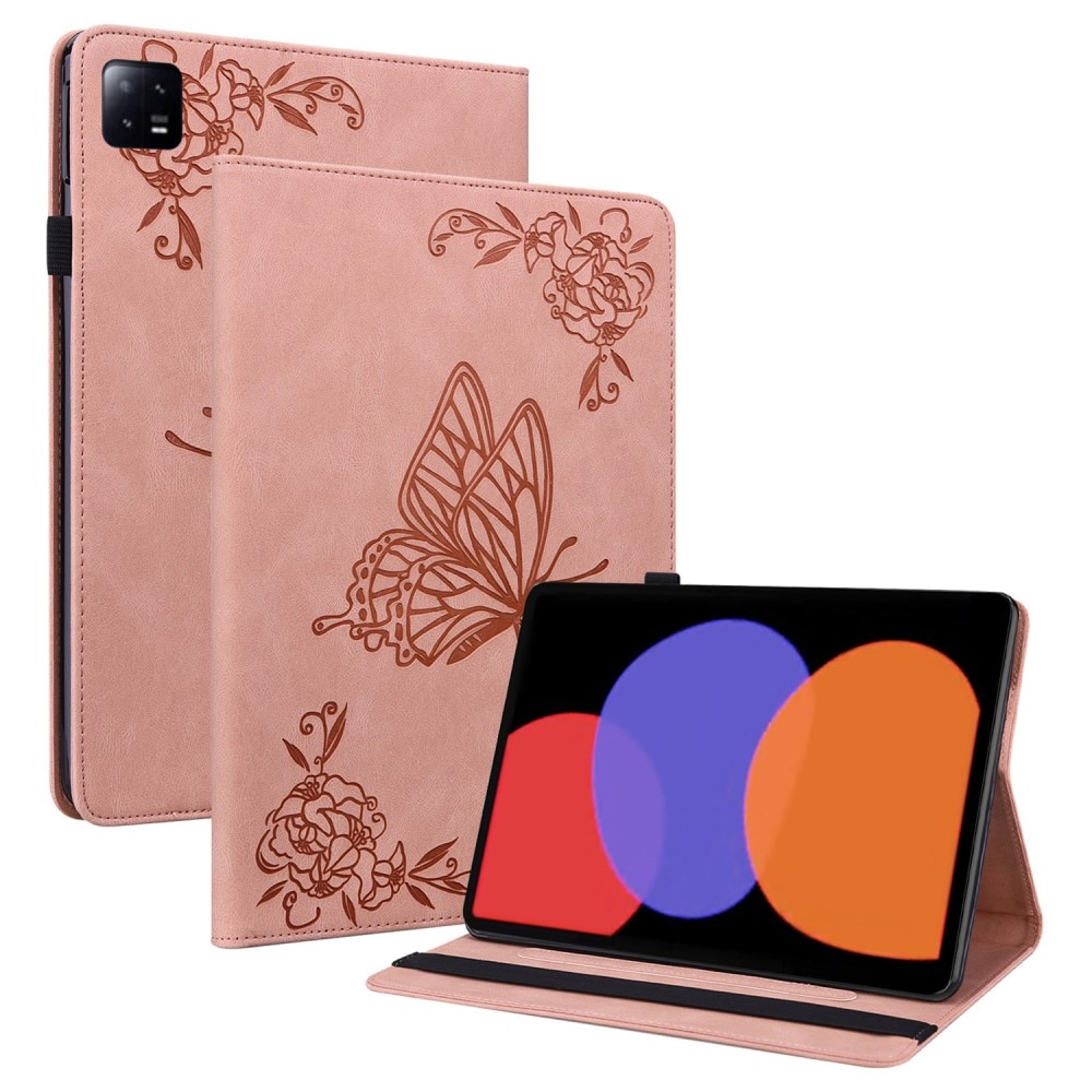 Nahkakotelo Perhonen Xiaomi Pad 6 vaaleanpunainen