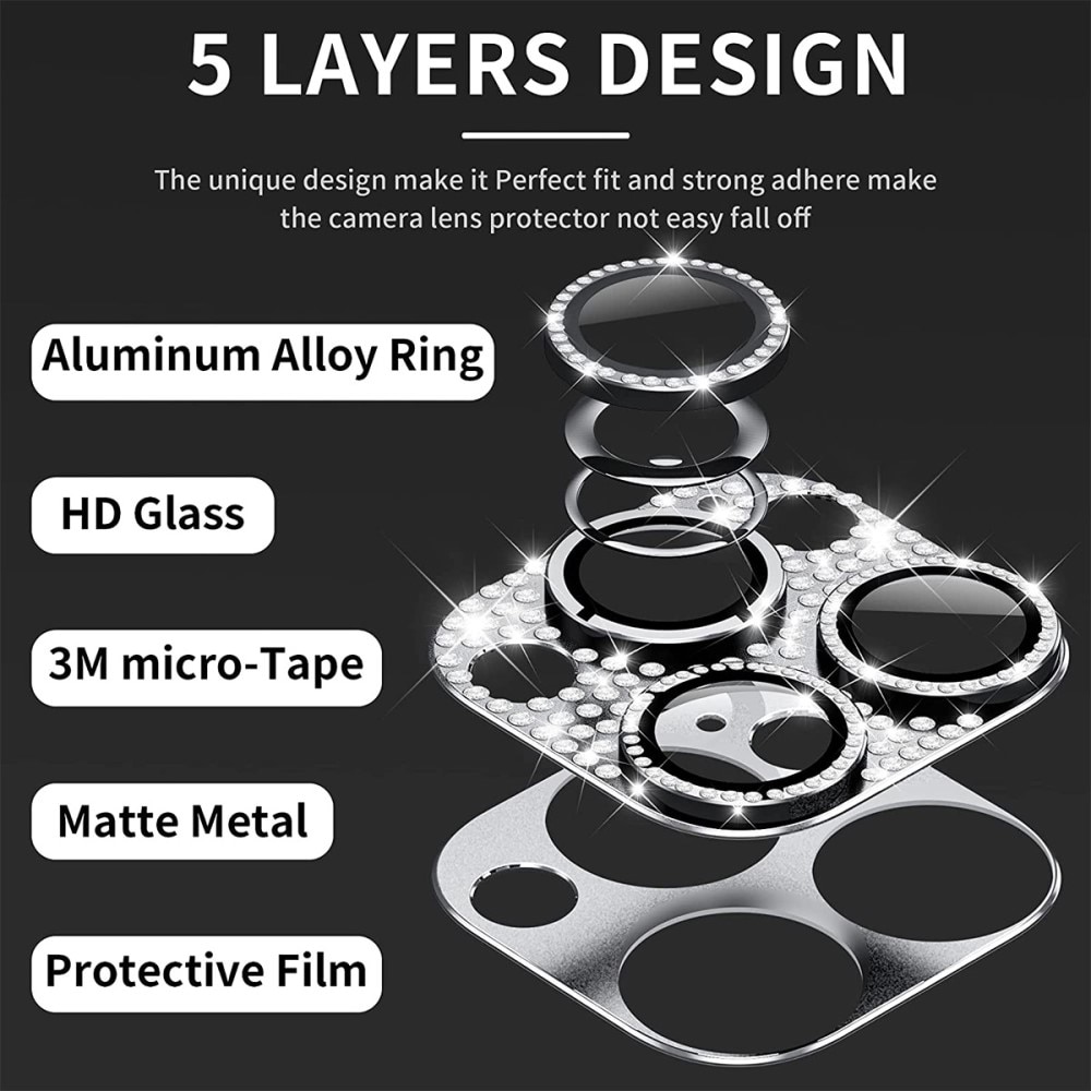 Glitter Panssarilasi Takakameroille alumiiniseos iPhone 13 Pro Max musta