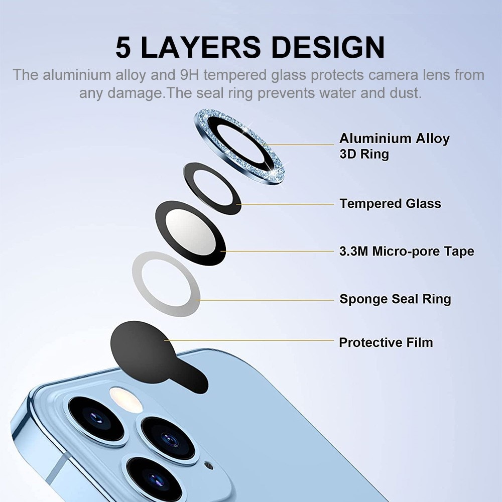 Glitter Linssinsuojus lasi+alumiiniseos iPhone 15 Pro Max musta