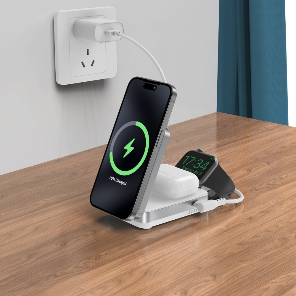 Compact 3-in-1 Qi2 Langaton Magneettinen Taittuva Latausasema Valkoinen