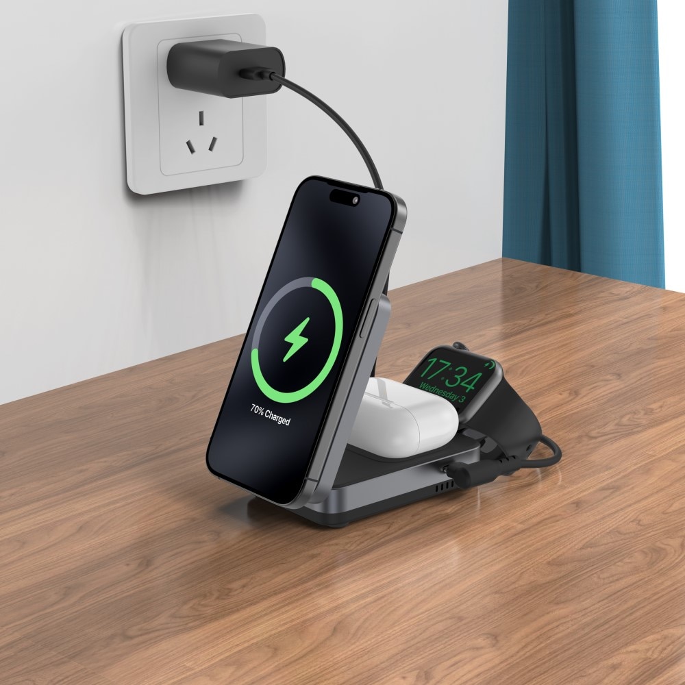 Compact 3-in-1 Qi2 Langaton Magneettinen Taittuva Latausasema Musta