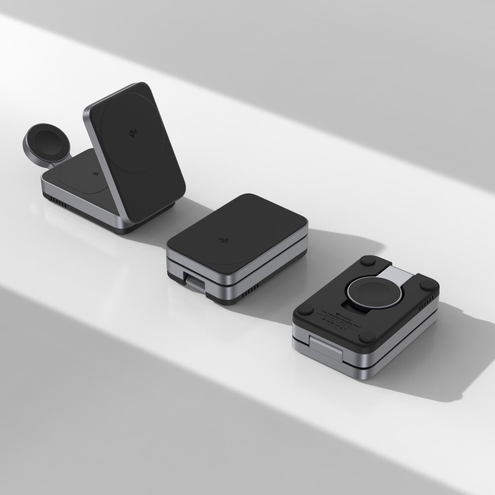 Compact 3-in-1 Qi2 Langaton Magneettinen Taittuva Latausasema Musta