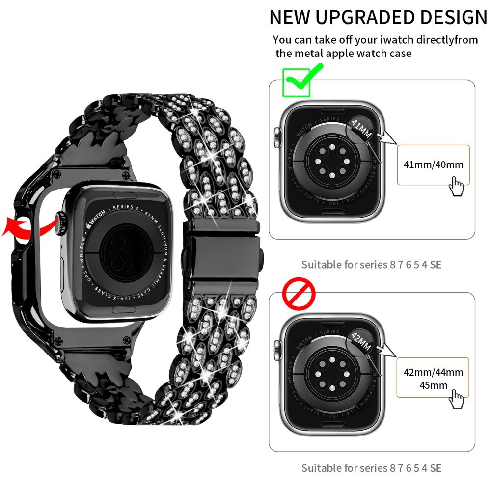 Kuori + Metalliranneke Rhinestone Apple Watch 41mm Series 7 musta