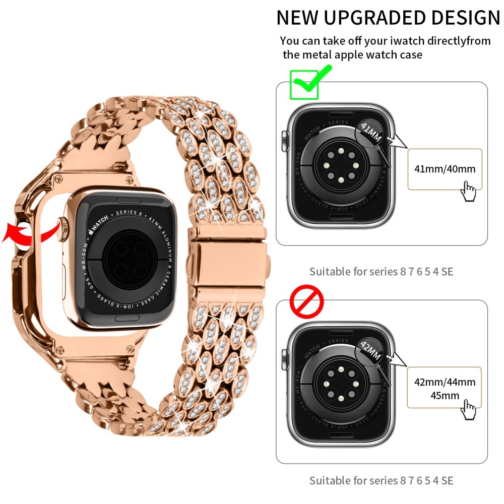 Kuori + Metalliranneke Rhinestone Apple Watch 41mm Series 9 ruusukulta