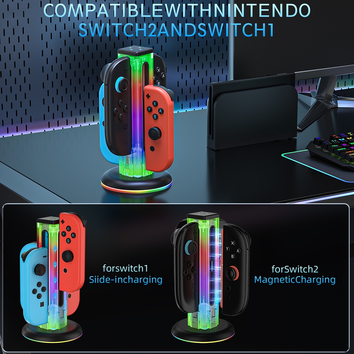 Joy-Con Latausteline RGB-valaistuksella Nintendo Switch 2 Musta