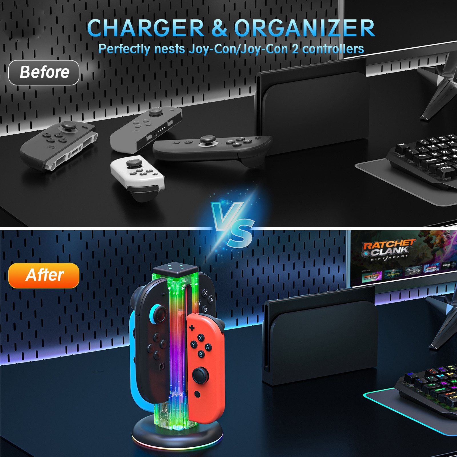 Joy-Con Latausteline RGB-valaistuksella Nintendo Switch 2 Musta