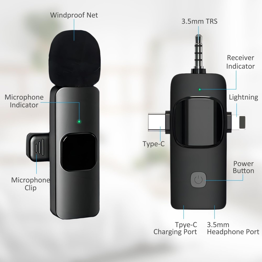 2 langatonta mikrofonia USB-C / Lightning -vastaanottimella musta