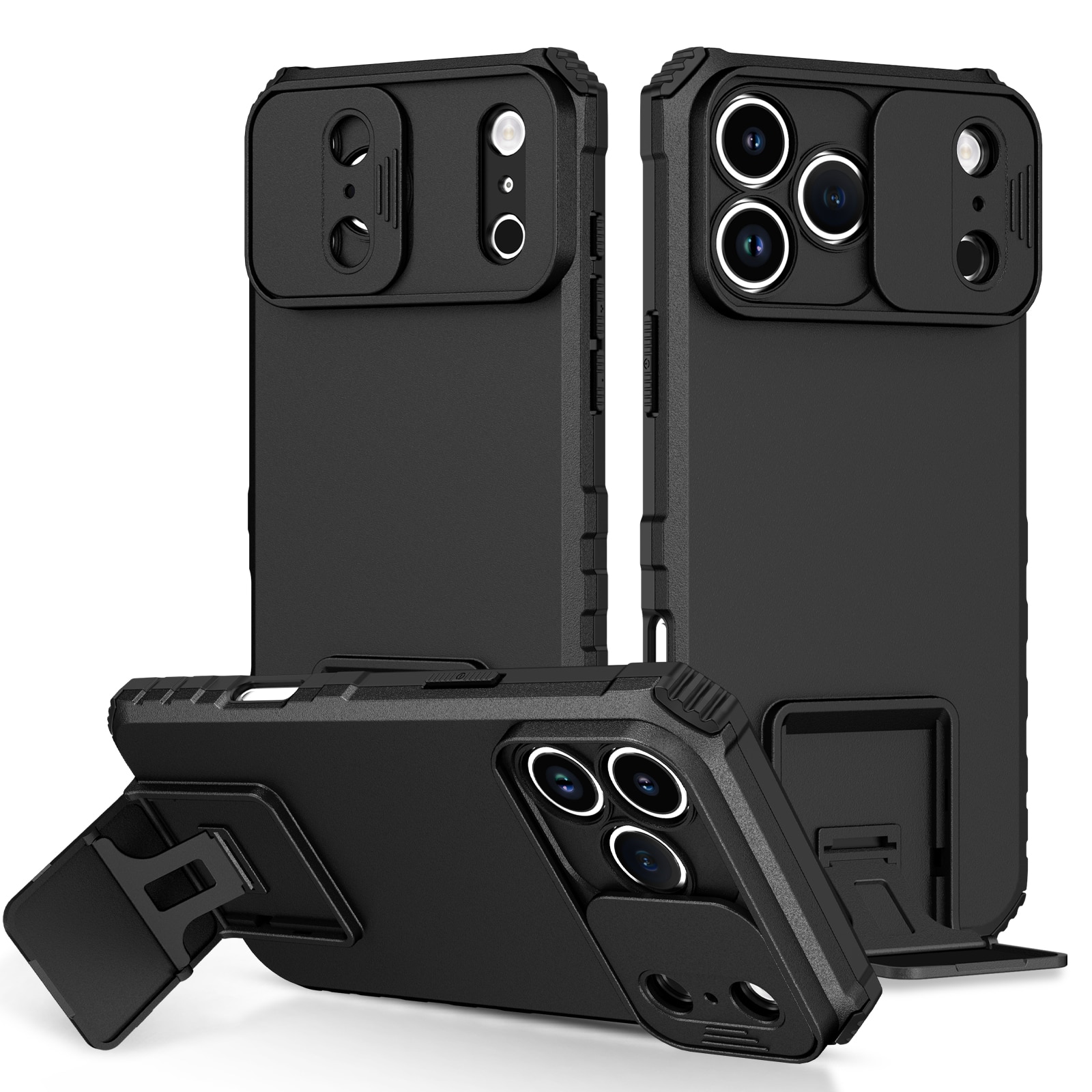 iPhone 17 Pro Max Kickstand Kotelo Kamerasuojalla Musta
