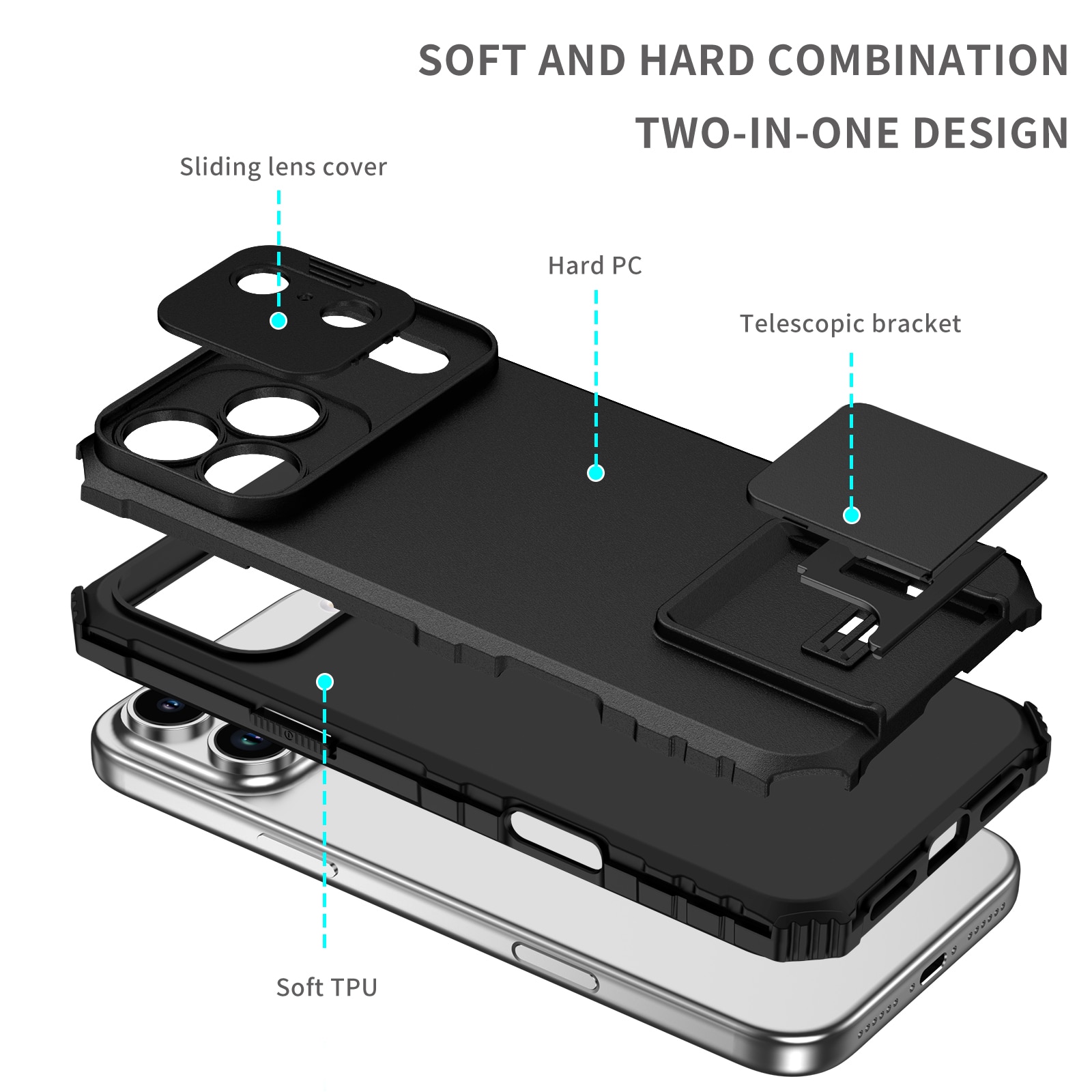 iPhone 17 Pro Max Kickstand Kotelo Kamerasuojalla Musta