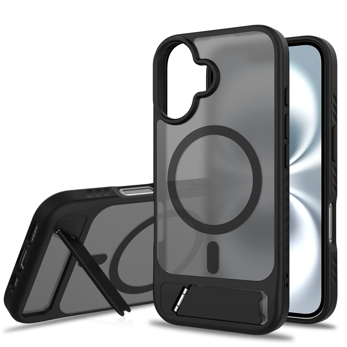 Magneettinen suojakuori jalustalla iPhone 16 Musta