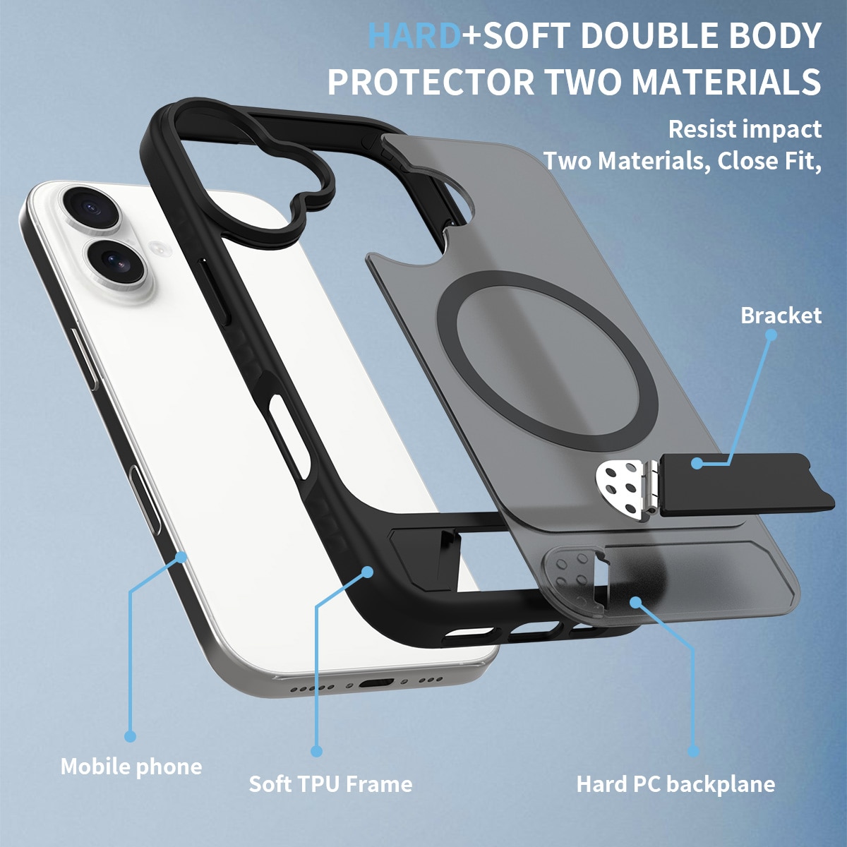 Magneettinen suojakuori jalustalla iPhone 16 Musta