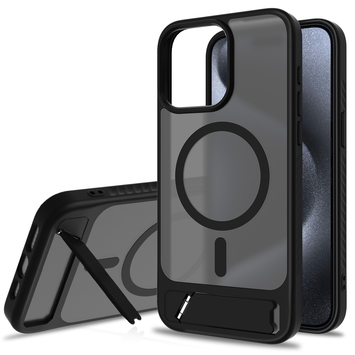 Magneettinen suojakuori jalustalla iPhone 15 Pro Max Musta
