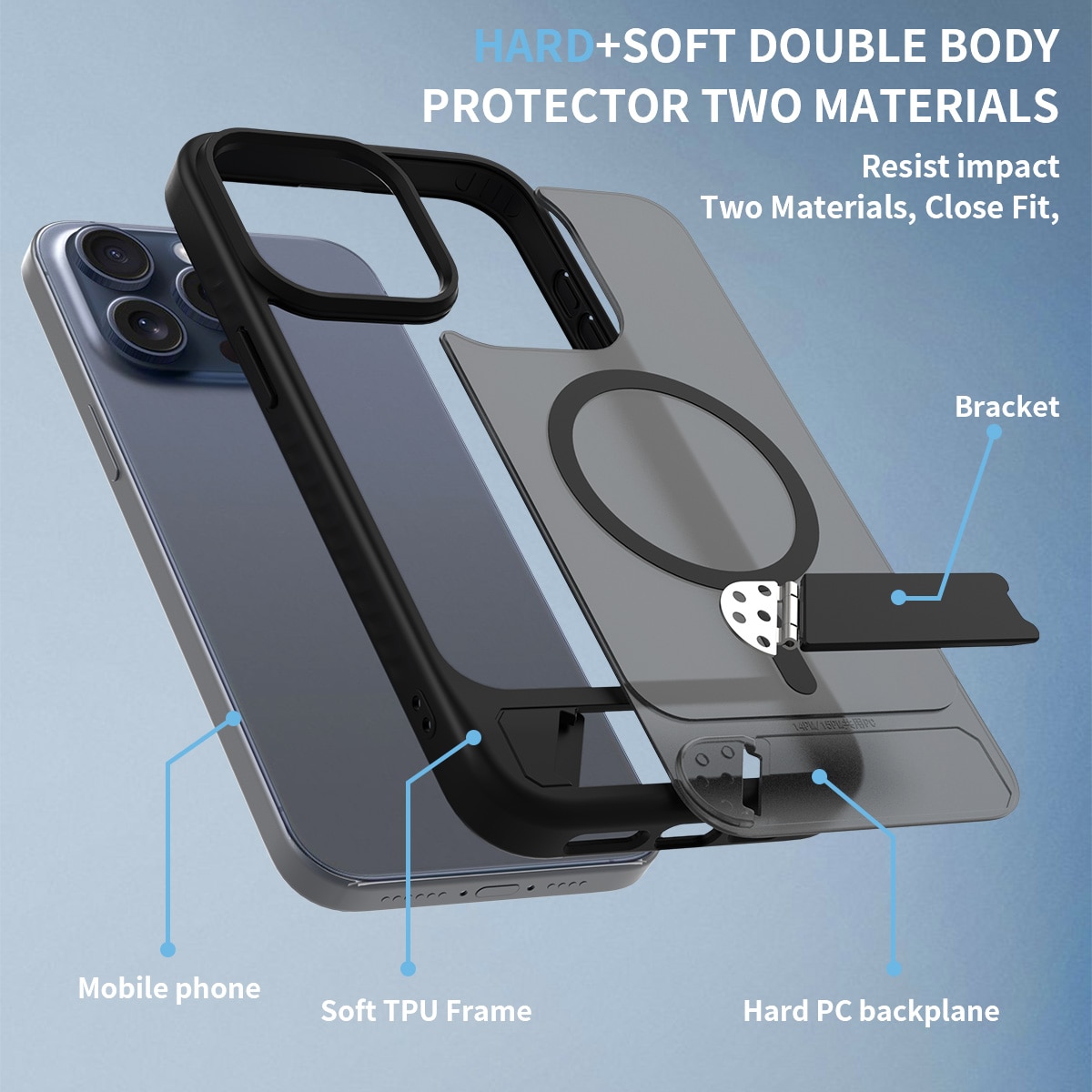 Magneettinen suojakuori jalustalla iPhone 15 Pro Max Musta