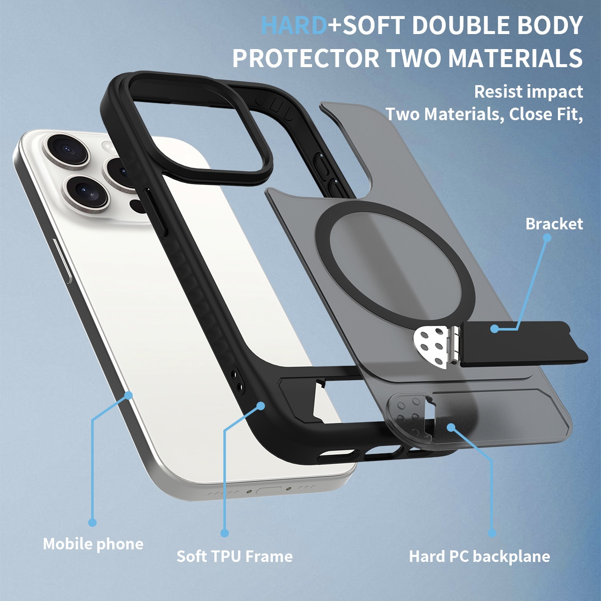 Magneettinen suojakuori jalustalla iPhone 15 Pro Musta