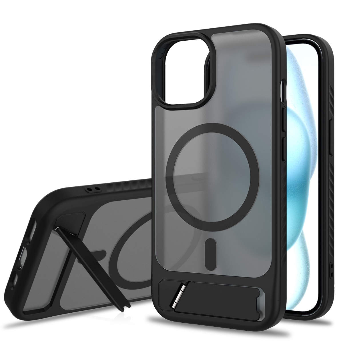 Magneettinen suojakuori jalustalla iPhone 15 Musta