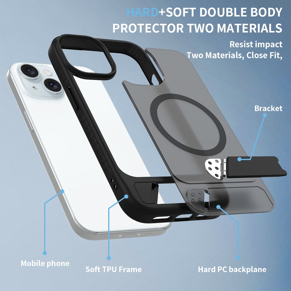 Magneettinen suojakuori jalustalla iPhone 15 Musta