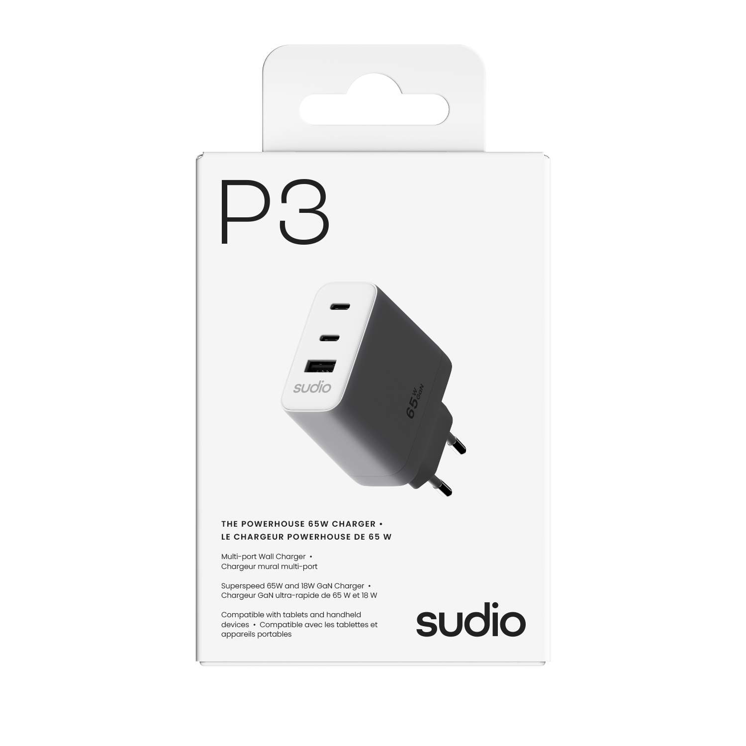 P3 Seinälaturi 65W 2 x USB-C + USB-A Valkoinen