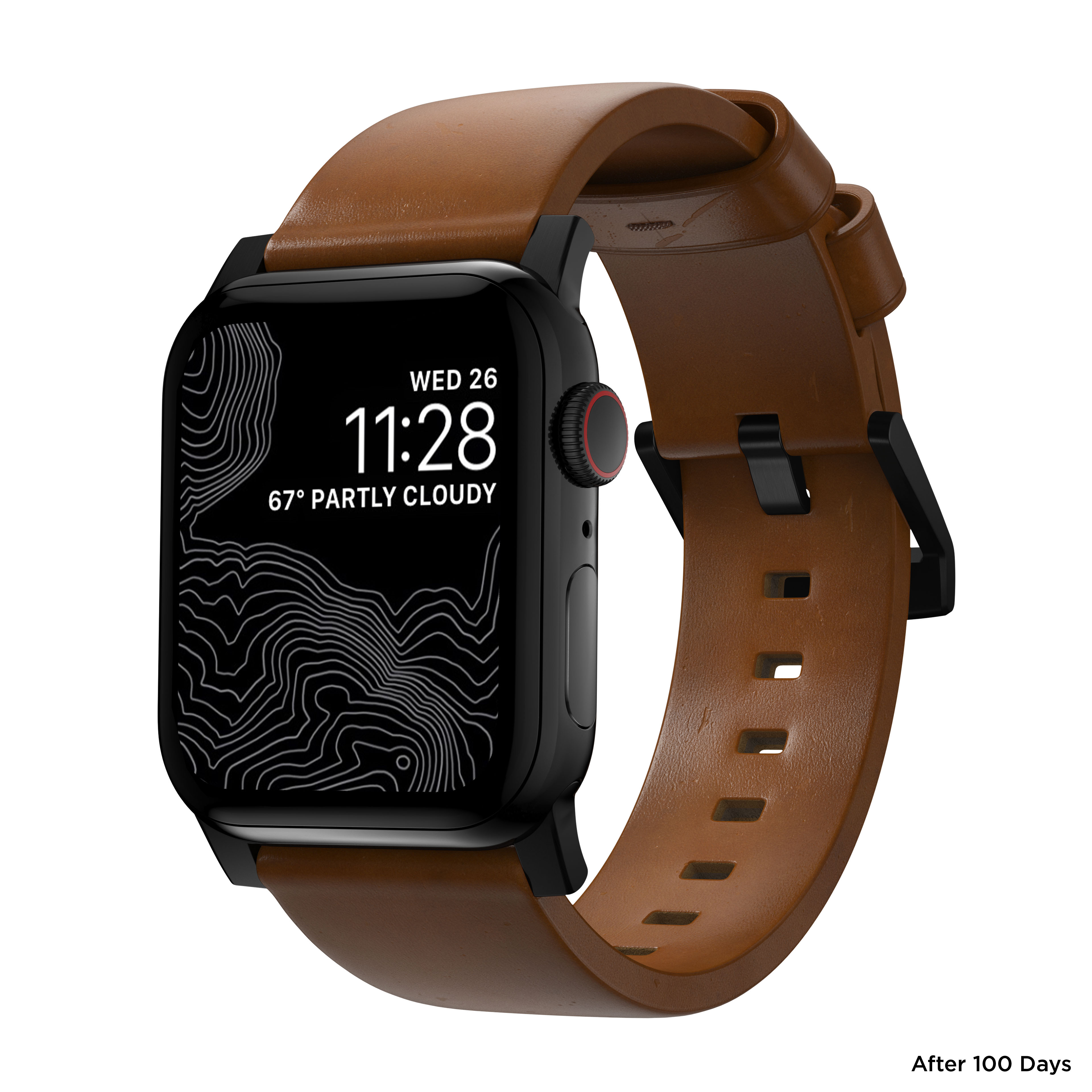 Apple Watch SE 44mm Modern Leather Band English Tan (Black Hardware)