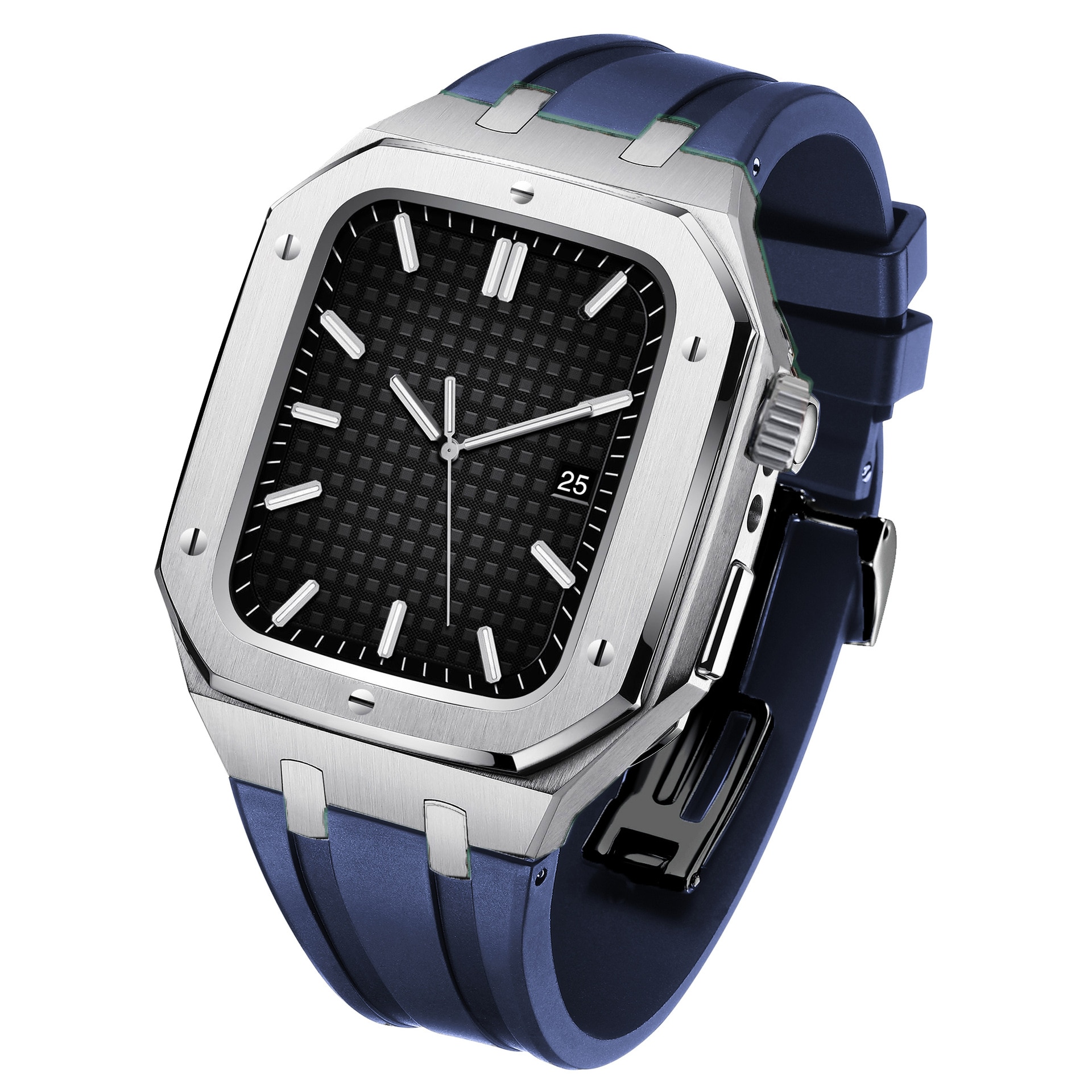 Apple Watch 45mm Series 8 Full Metal Silikoniranneke hopea/sininen