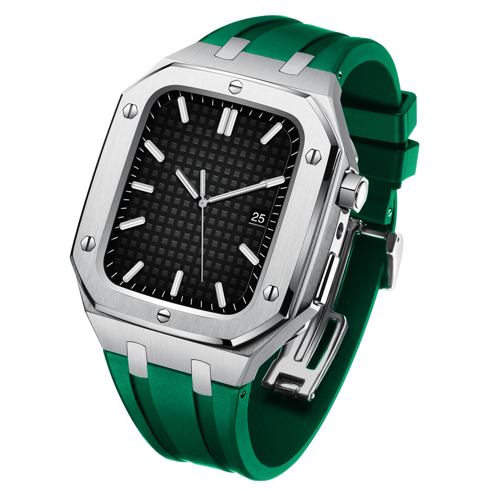 Apple Watch 45mm Series 8 Full Metal Silikoniranneke hopea/vihreä