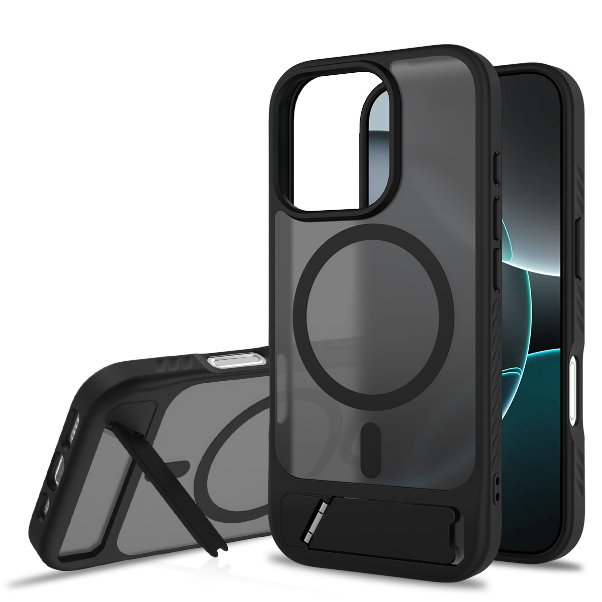 Magneettinen suojakuori jalustalla iPhone 16 Pro Musta