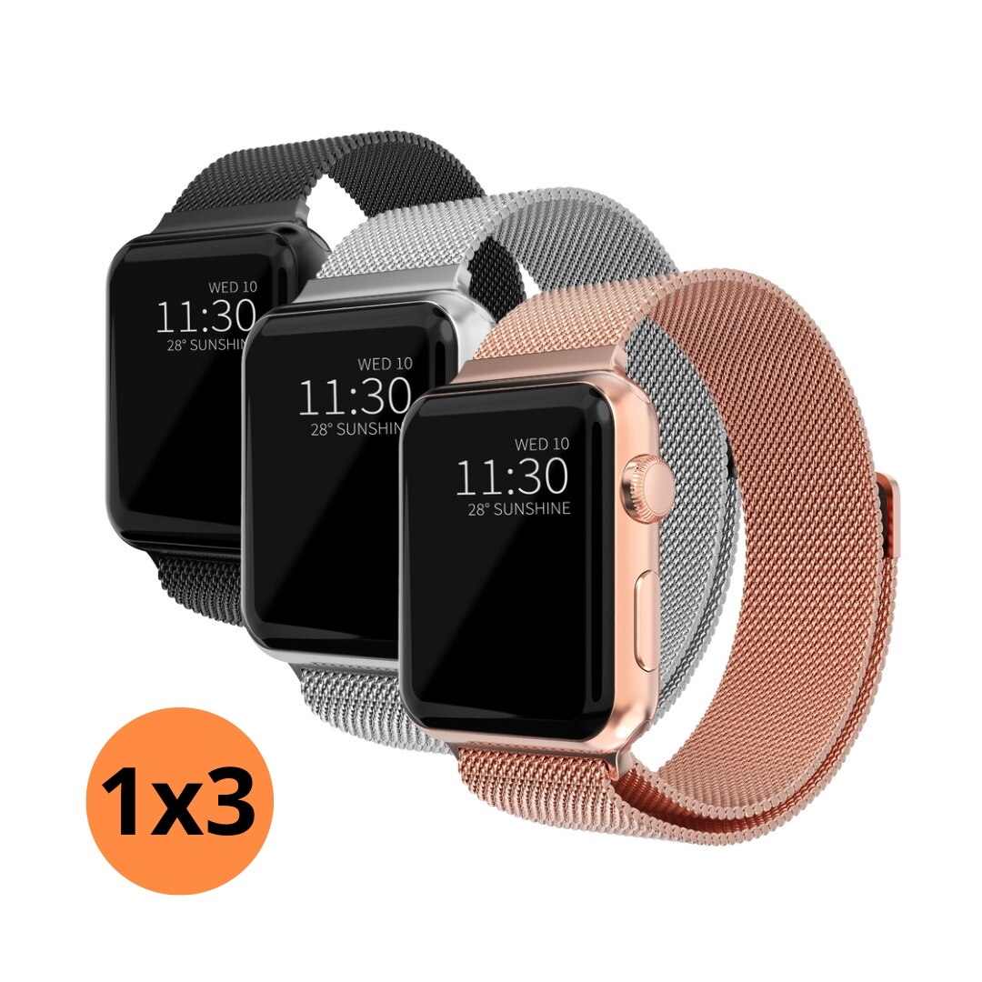Apple Watch 38/40/41 mm Kit Ranneke Milanese Loop musta, hopea, ruusukulta