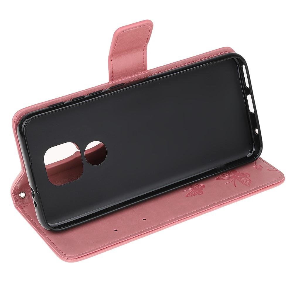 Nahkakotelo Perhonen Moto G9 Play/E7 Plus vaaleanpunainen