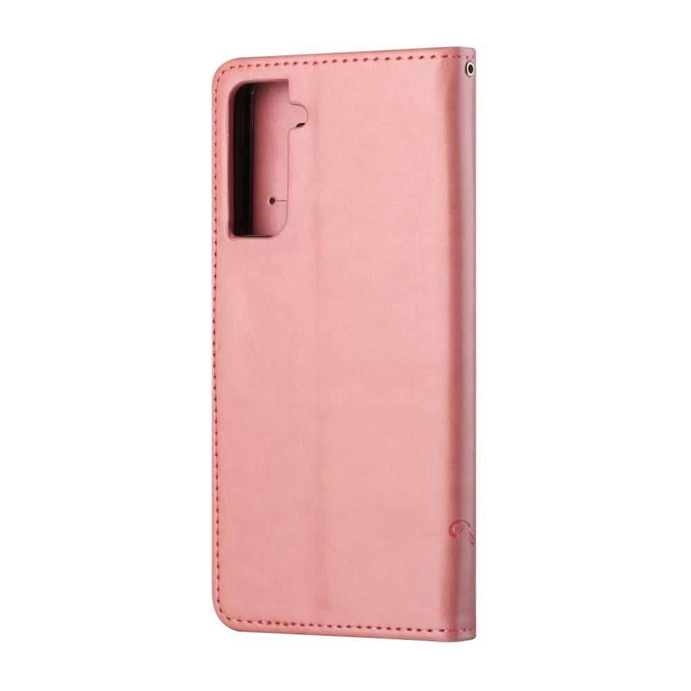 Nahkakotelo Perhonen Samsung Galaxy S21 Plus vaaleanpunainen